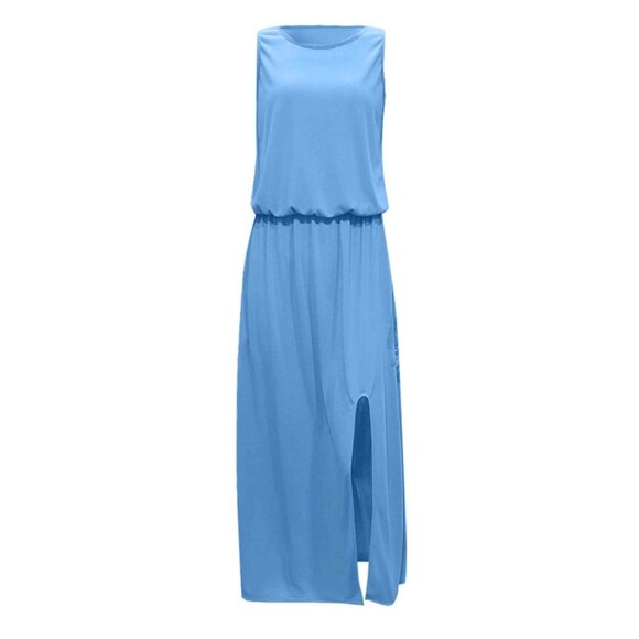 Women’s Light Blue Maxi Dress Sleeveless Side Slit Size M Lightweight - Picture 2 of 10